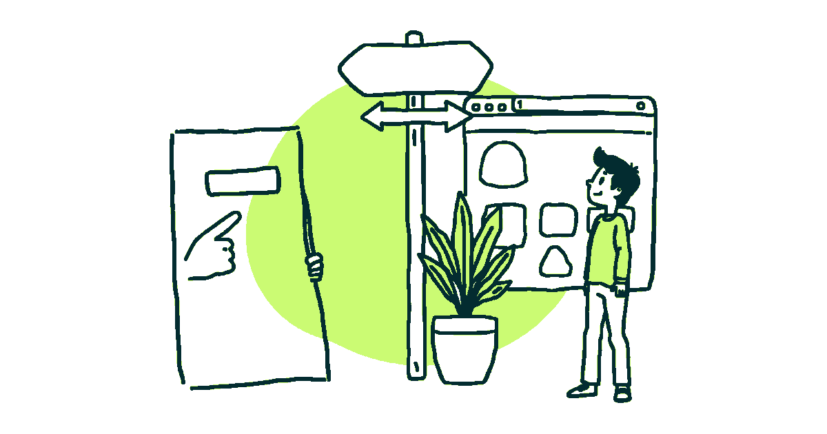 Ilustración editorial comparando una landing page con una web corporativa